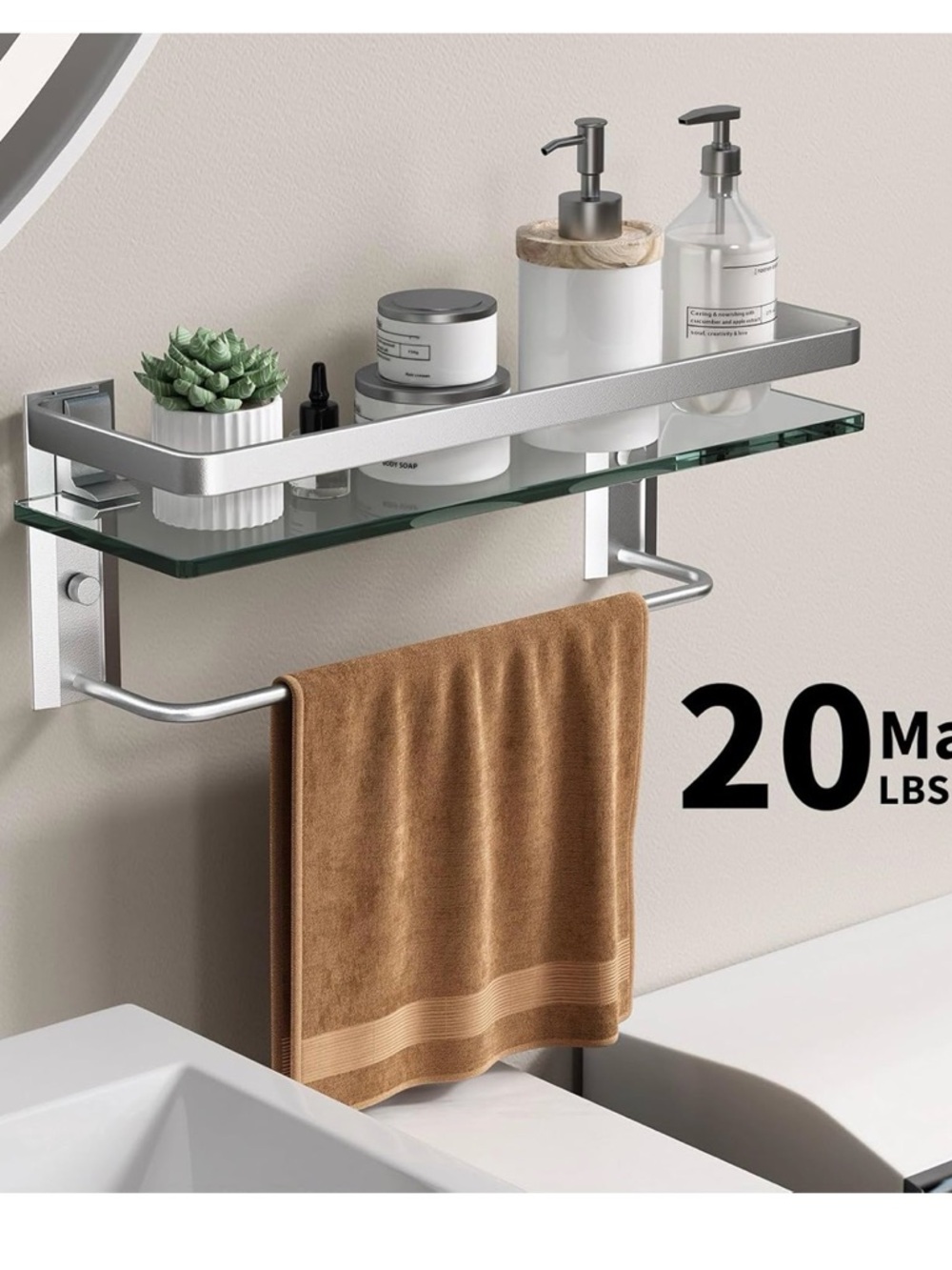 Glass Bathroom Shelf with Towel Bar - Silver